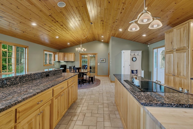 5386 165th St NE, Atwater, MN 56209 - kitchen featuring black electric stovetop, lofted ceiling, light brown cabinetry, wood ceiling, and healthy amount of natural light