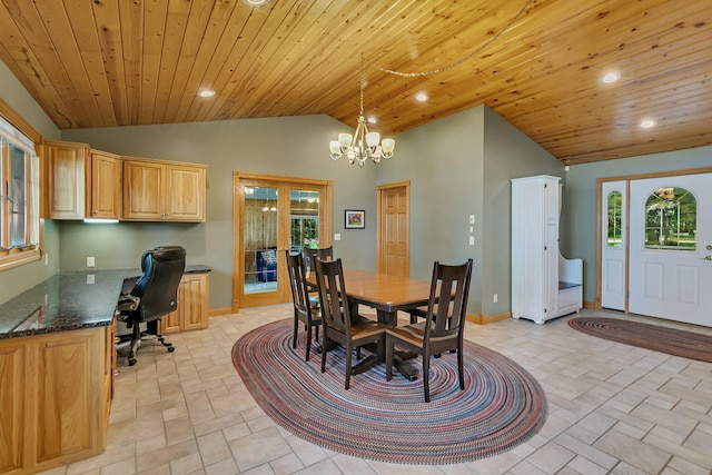 5386 165th St NE, Atwater, MN 56209 - dining room with vaulted ceiling, french doors, recessed lighting, wooden ceiling, and a chandelier