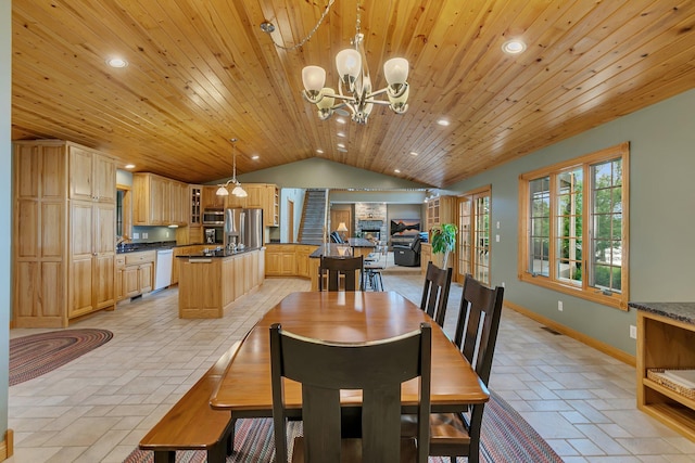 5386 165th St NE, Atwater, MN 56209 - dining room featuring vaulted ceiling, wooden ceiling, a chandelier, recessed lighting, and baseboards