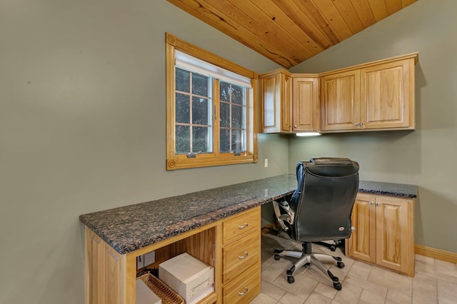 5386 165th St NE, Atwater, MN 56209 - office with built in study area, lofted ceiling, wooden ceiling, baseboards, and light tile patterned floors