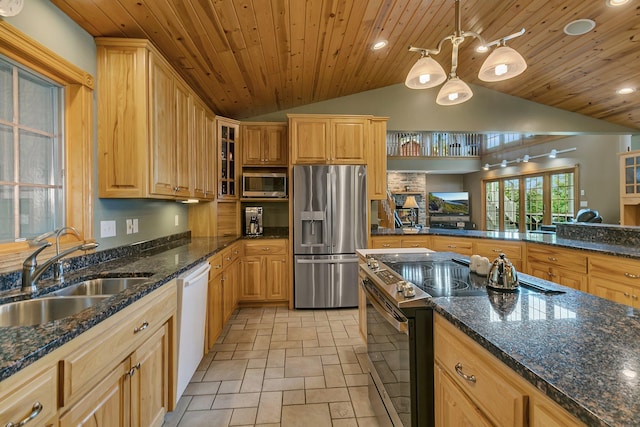 5386 165th St NE, Atwater, MN 56209 - kitchen featuring appliances with stainless steel finishes, a sink, vaulted ceiling, wooden ceiling, and recessed lighting