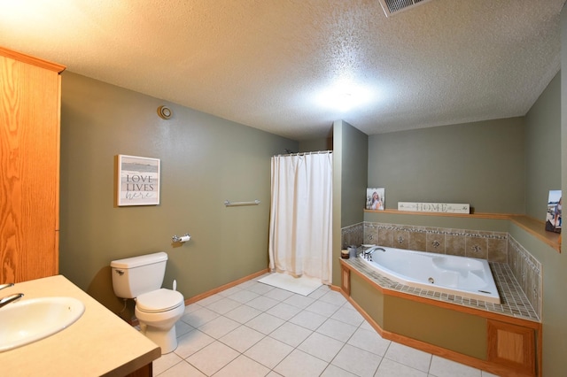 201 Ridge Dr, Kenyon, MN 55946 - full bathroom with a textured ceiling, a whirlpool tub, tile patterned floors, toilet, and a shower with curtain