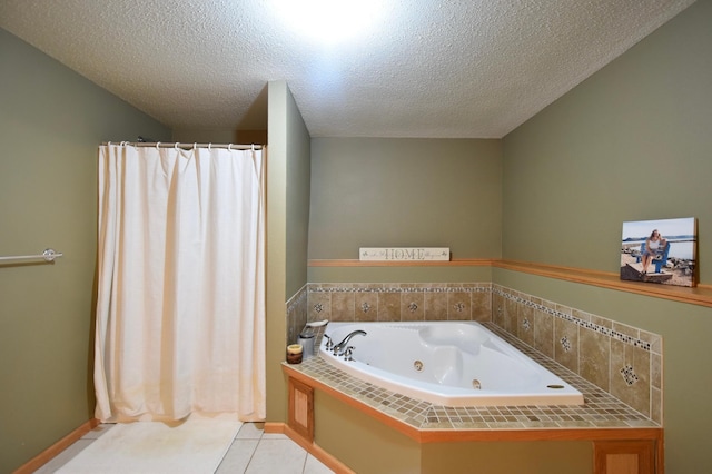 201 Ridge Dr, Kenyon, MN 55946 - bathroom with a textured ceiling, a tub with jets, tile patterned flooring, and a shower with shower curtain