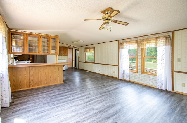 3146 Green Bay Rd, Sturgeon Lake, MN 55783 - kitchen with wallpapered walls, dark wood finished floors, a peninsula, glass insert cabinets, and open floor plan
