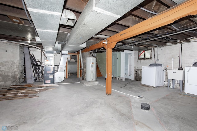 726 College St N, Fargo, ND 58102 - unfinished basement featuring water heater, separate washer and dryer, stairs, and heating unit