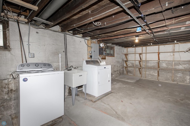 726 College St N, Fargo, ND 58102 - unfinished basement with washing machine and clothes dryer, electric panel, and a sink