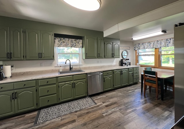 404 1st St S, Hoffman, MN 56339 - kitchen with green cabinets, dishwasher, a sink, light countertops, and dark wood-style flooring