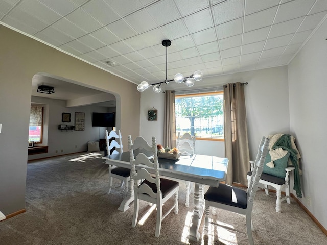 404 1st St S, Hoffman, MN 56339 - carpeted dining area with arched walkways, ornamental molding, and baseboards