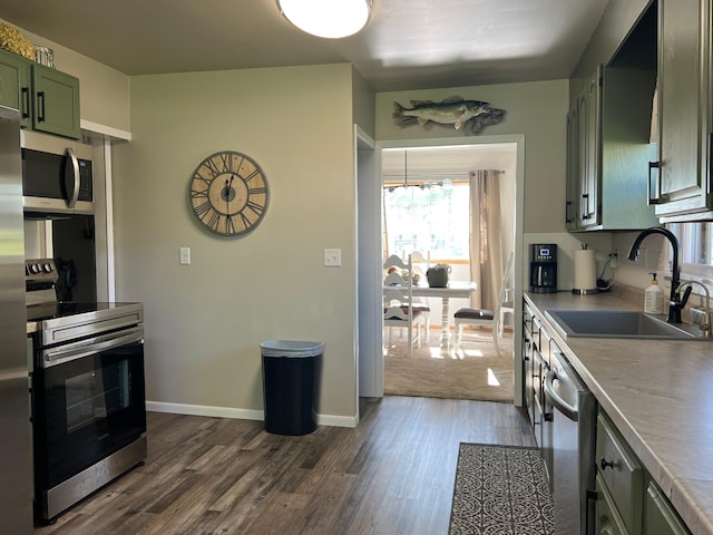 404 1st St S, Hoffman, MN 56339 - kitchen featuring appliances with stainless steel finishes, green cabinets, a sink, and dark wood finished floors