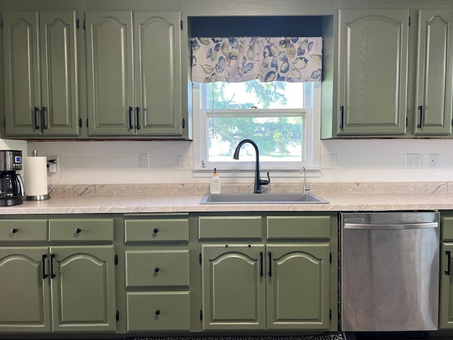 404 1st St S, Hoffman, MN 56339 - kitchen featuring green cabinets, dishwasher, a sink, and light countertops