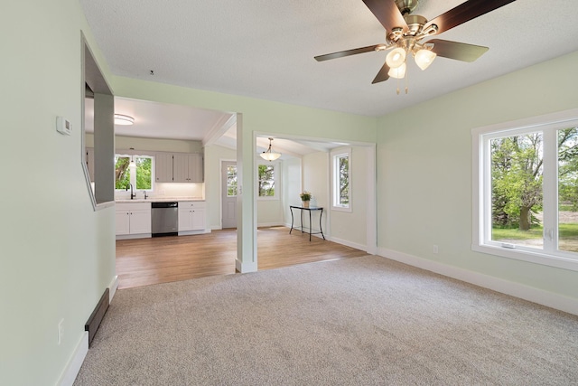 7149 92nd Ave SW, Lemond Twp, MN 56026 - unfurnished living room featuring light colored carpet, plenty of natural light, baseboards, and ceiling fan
