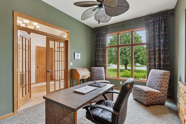 11565 Palisade Ct NE, Blaine, MN 55449 - office space featuring plenty of natural light, ceiling fan, french doors, light tile patterned floors, and a textured ceiling
