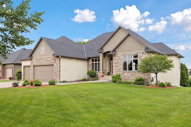 11565 Palisade Ct NE, Blaine, MN 55449 - craftsman inspired home featuring stone siding, a front yard, a garage, and concrete driveway