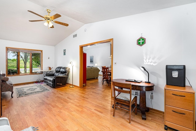 324 7th St NE, New Prague, MN 56071 - living room featuring a ceiling fan, lofted ceiling, light wood finished floors, and baseboards