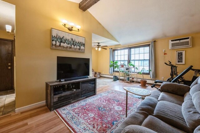 811 Smetana Rd Unit 8, Hopkins, MN 55343 - living room featuring wood finished floors, a wall mounted AC, ceiling fan, and baseboards