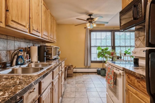 811 Smetana Rd Unit 8, Hopkins, MN 55343 - kitchen featuring white range with electric cooktop, black microwave, backsplash, and ceiling fan