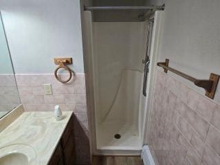 405 16th Ave NE, Waseca, MN 56093 - bathroom featuring tile walls, vanity, a stall shower, and a wainscoted wall