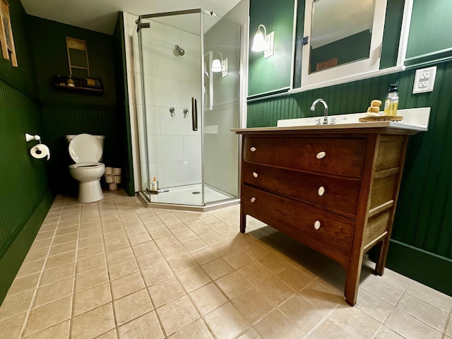 40580 Bow Trl, Nerstrand, MN 55053 - full bath featuring tile patterned flooring, vanity, a shower stall, and wainscoting