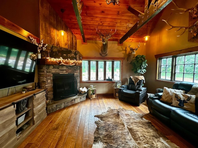 40580 Bow Trl, Nerstrand, MN 55053 - living area featuring hardwood / wood-style floors, a fireplace, and a wooden ceiling with exposed beams