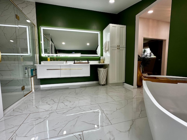 40580 Bow Trl, Nerstrand, MN 55053 - bathroom with a marble finish shower, a freestanding tub, double vanity, marble tiled floors, and recessed lighting