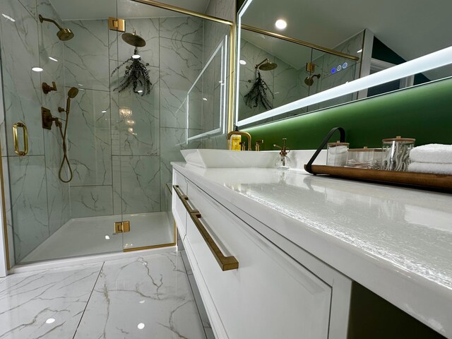 40580 Bow Trl, Nerstrand, MN 55053 - full bath with marble tiled flooring, a marble finish shower, and vanity