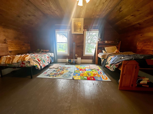 40580 Bow Trl, Nerstrand, MN 55053 - bedroom featuring lofted ceiling, wood walls, wood-type flooring, and wood ceiling