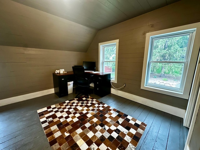 40580 Bow Trl, Nerstrand, MN 55053 - home office featuring lofted ceiling, dark wood-style flooring, and wooden walls