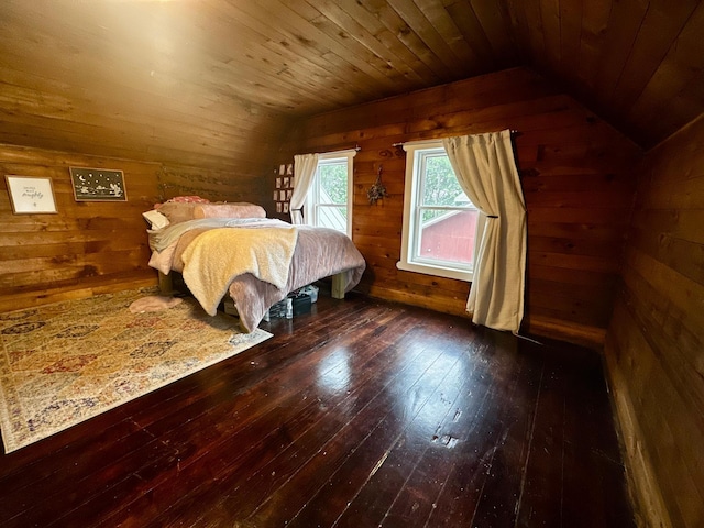 40580 Bow Trl, Nerstrand, MN 55053 - bedroom with vaulted ceiling, hardwood / wood-style flooring, wood walls, and wood ceiling