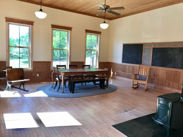 35379 215th Ave, Eagle Valley Twp, MN 56440 - dining room with wainscoting, hardwood / wood-style flooring, crown molding, wooden walls, and wooden ceiling