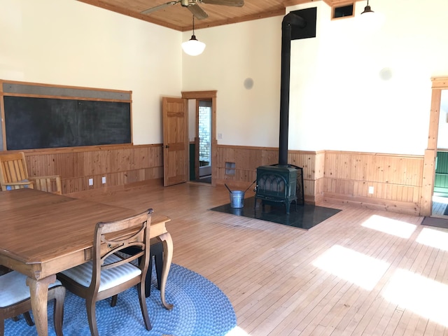 35379 215th Ave, Eagle Valley Twp, MN 56440 - living area with a wood stove, hardwood / wood-style flooring, a wainscoted wall, ceiling fan, and wooden walls