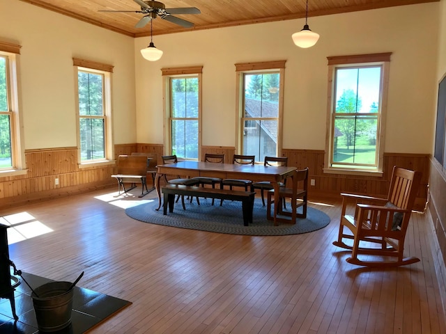 35379 215th Ave, Eagle Valley Twp, MN 56440 - dining room featuring wainscoting, wooden walls, hardwood / wood-style flooring, ornamental molding, and ceiling fan