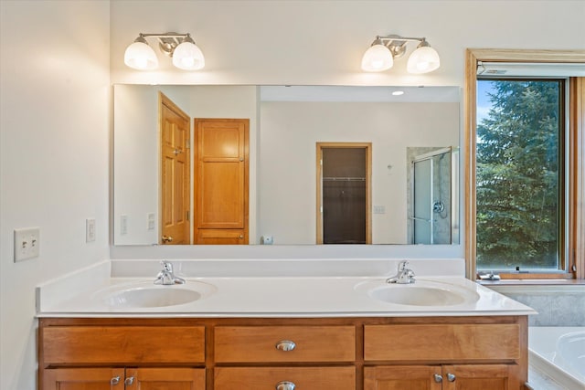 27285 Cambodia Ave, Castle Rock Twp, MN 55024 - full bathroom with double vanity, plenty of natural light, a garden tub, and a shower with door