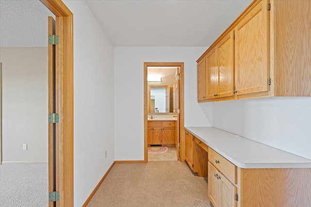27285 Cambodia Ave, Castle Rock Twp, MN 55024 - hallway with light colored carpet, an office area, a textured ceiling, and baseboards