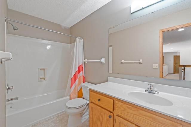 27285 Cambodia Ave, Castle Rock Twp, MN 55024 - bathroom with shower / bath combo with shower curtain, toilet, vanity, a textured ceiling, and tile patterned floors