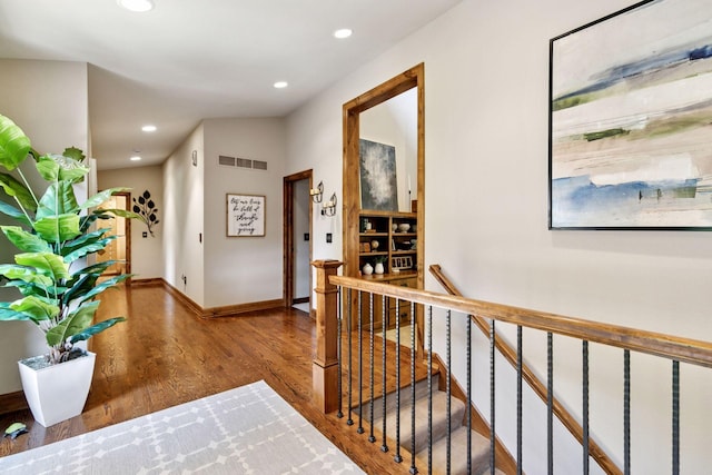 1405 Farm Rd, Chanhassen, MN 55318 - hallway with an upstairs landing, wood finished floors, recessed lighting, and baseboards