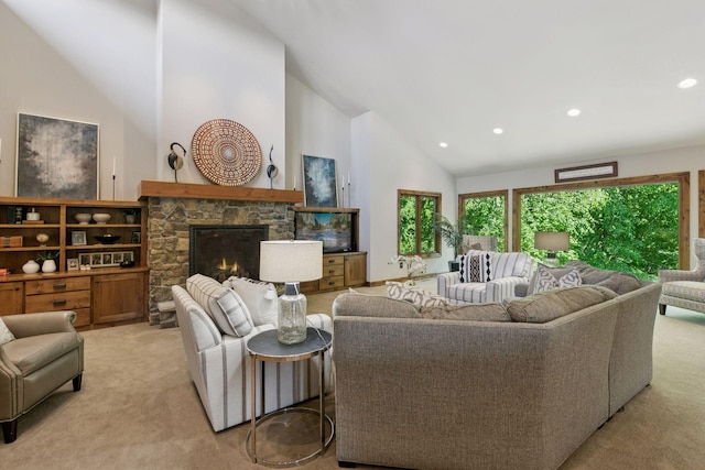 1405 Farm Rd, Chanhassen, MN 55318 - living area featuring light carpet, recessed lighting, a stone fireplace, and high vaulted ceiling