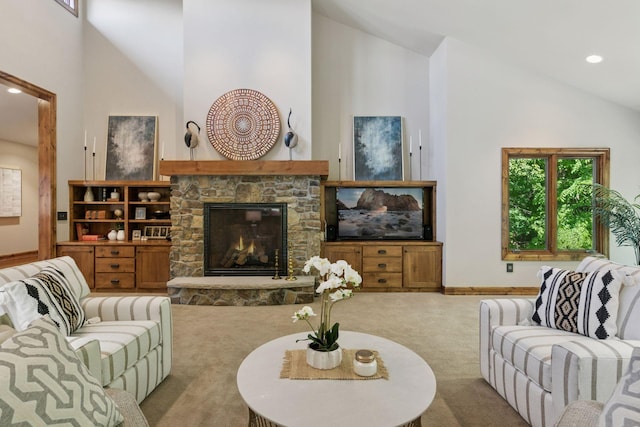 1405 Farm Rd, Chanhassen, MN 55318 - carpeted living area featuring high vaulted ceiling, a fireplace, baseboards, and recessed lighting