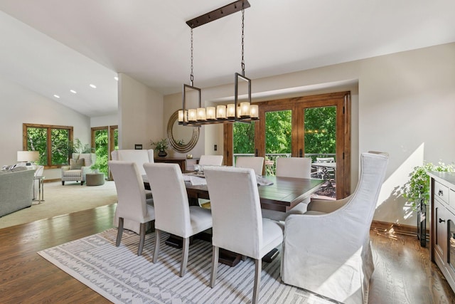 1405 Farm Rd, Chanhassen, MN 55318 - dining room with wood finished floors, lofted ceiling, a chandelier, and recessed lighting