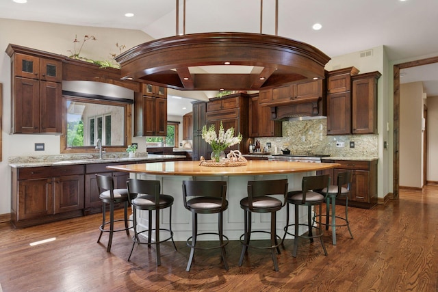 1405 Farm Rd, Chanhassen, MN 55318 - kitchen featuring a kitchen island, a sink, dark wood-style floors, backsplash, and a breakfast bar area