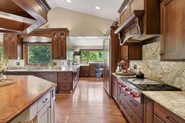 1405 Farm Rd, Chanhassen, MN 55318 - kitchen with a sink, stainless steel gas stovetop, wood finished floors, exhaust hood, and light stone countertops