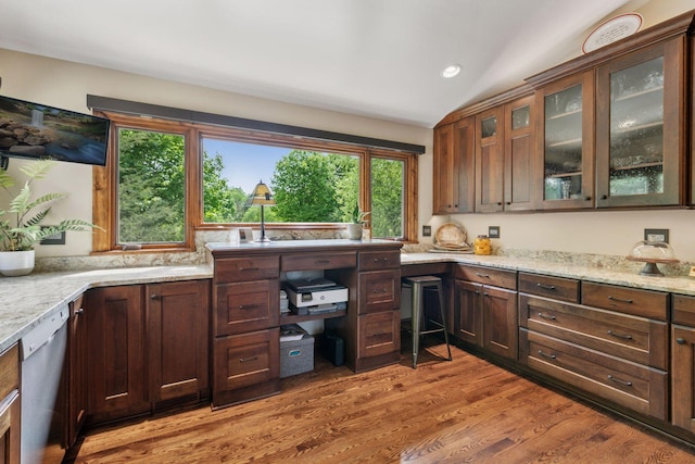 1405 Farm Rd, Chanhassen, MN 55318 - kitchen featuring stainless steel dishwasher, plenty of natural light, light stone countertops, lofted ceiling, and recessed lighting