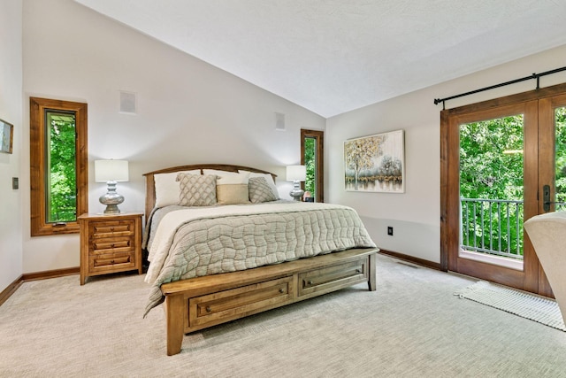 1405 Farm Rd, Chanhassen, MN 55318 - bedroom featuring lofted ceiling, light colored carpet, baseboards, and access to outside