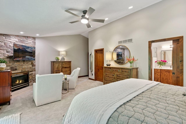1405 Farm Rd, Chanhassen, MN 55318 - bedroom featuring lofted ceiling, light colored carpet, recessed lighting, a fireplace, and baseboards