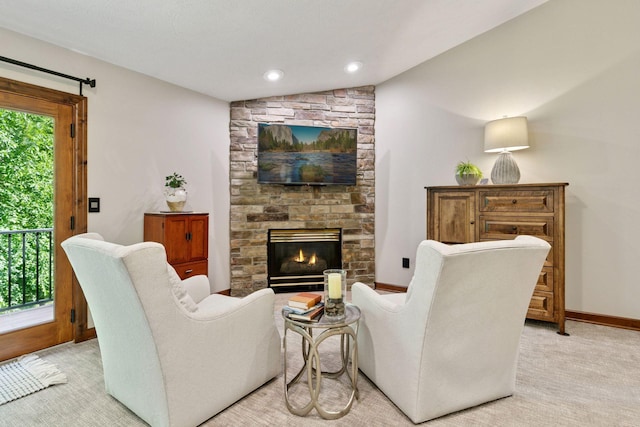 1405 Farm Rd, Chanhassen, MN 55318 - living area with vaulted ceiling, a fireplace, baseboards, light colored carpet, and recessed lighting