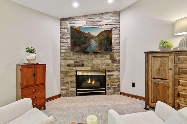 1405 Farm Rd, Chanhassen, MN 55318 - living room with lofted ceiling, a fireplace, baseboards, and recessed lighting