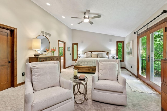 1405 Farm Rd, Chanhassen, MN 55318 - bedroom featuring vaulted ceiling, access to outside, light colored carpet, baseboards, and recessed lighting