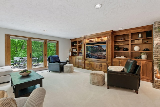 1405 Farm Rd, Chanhassen, MN 55318 - living area with carpet floors, a textured ceiling, and recessed lighting