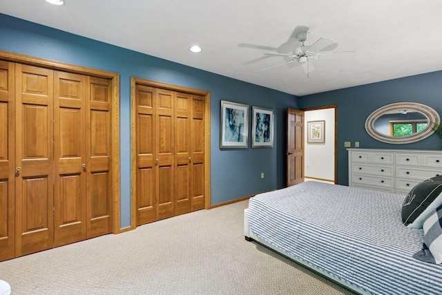 1405 Farm Rd, Chanhassen, MN 55318 - carpeted bedroom featuring two closets, recessed lighting, baseboards, and ceiling fan