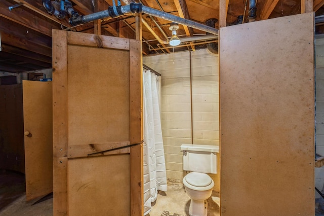 613 9th St NW, Faribault, MN 55021 - full bathroom with toilet, unfinished concrete floors, and curtained shower