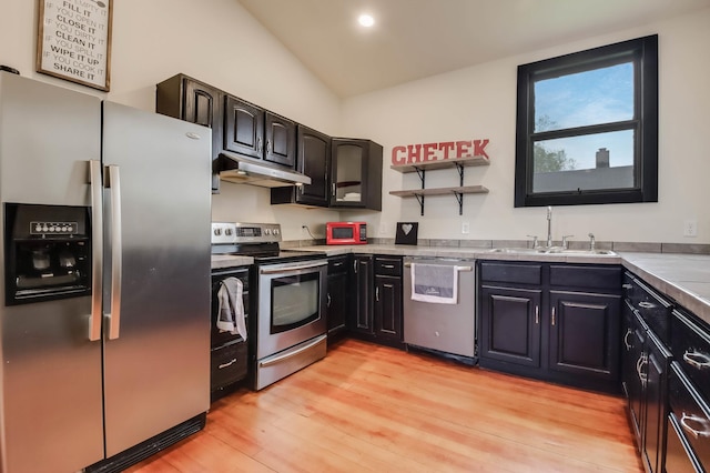 324 Douglas St, Chetek, WI 54728 - kitchen featuring appliances with stainless steel finishes, a sink, under cabinet range hood, light wood-style floors, and lofted ceiling